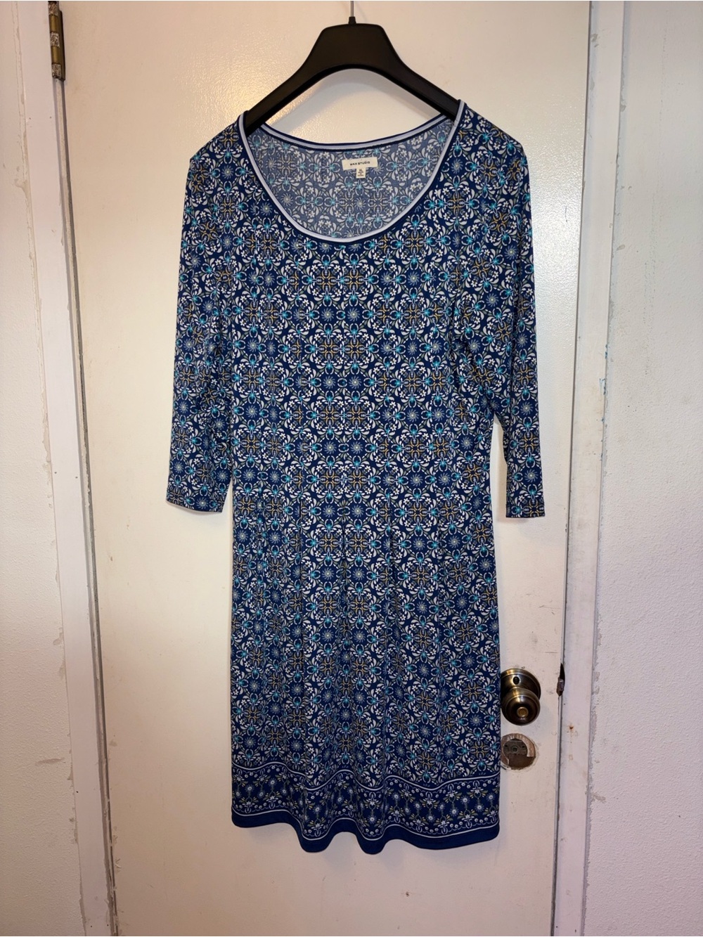Max Studio Blue Multi-Pattern Scoop Neck Midi Dress